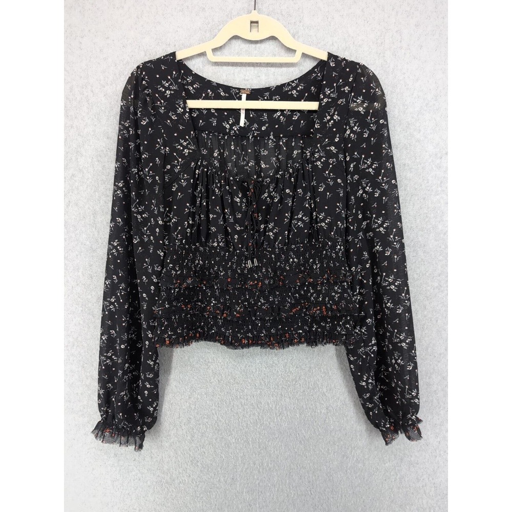 Free People Women's Black Floral Smocked Printed Lolita‎ Blouse Top Size S